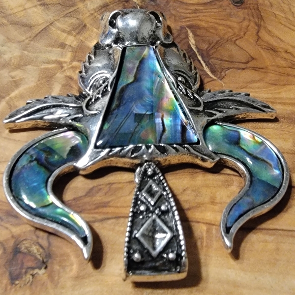 NEW Natural Rainbow Abalone Shell Titanium Steel Ox Head Pendant Bead Large Bale - Picture 2 of 7